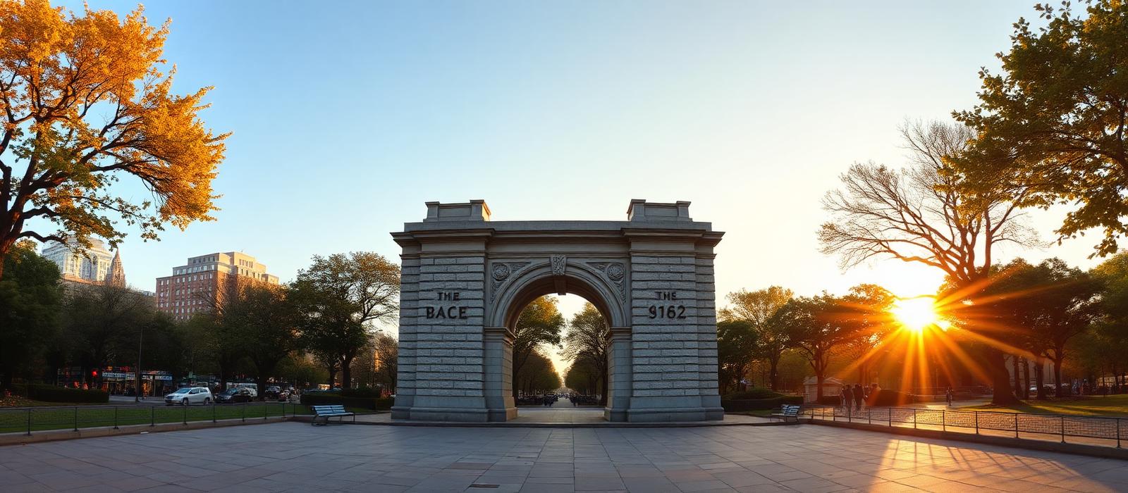 Memorial arch and tree-lined promenade in a park