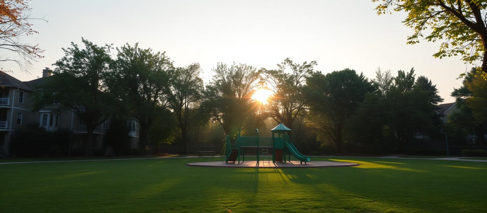 Neighborhood park with playground at sunrise